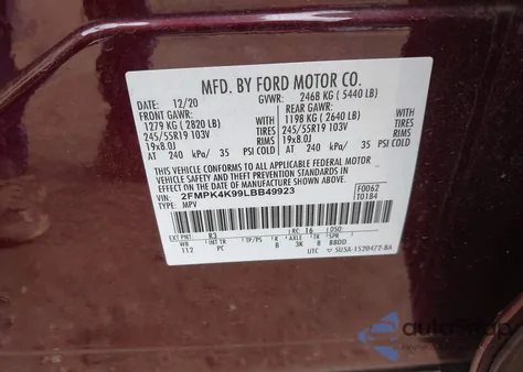 2020 Ford Edge Titanium z USA, uszkodzony, nr VIN 2FMPK4K99LBB49923